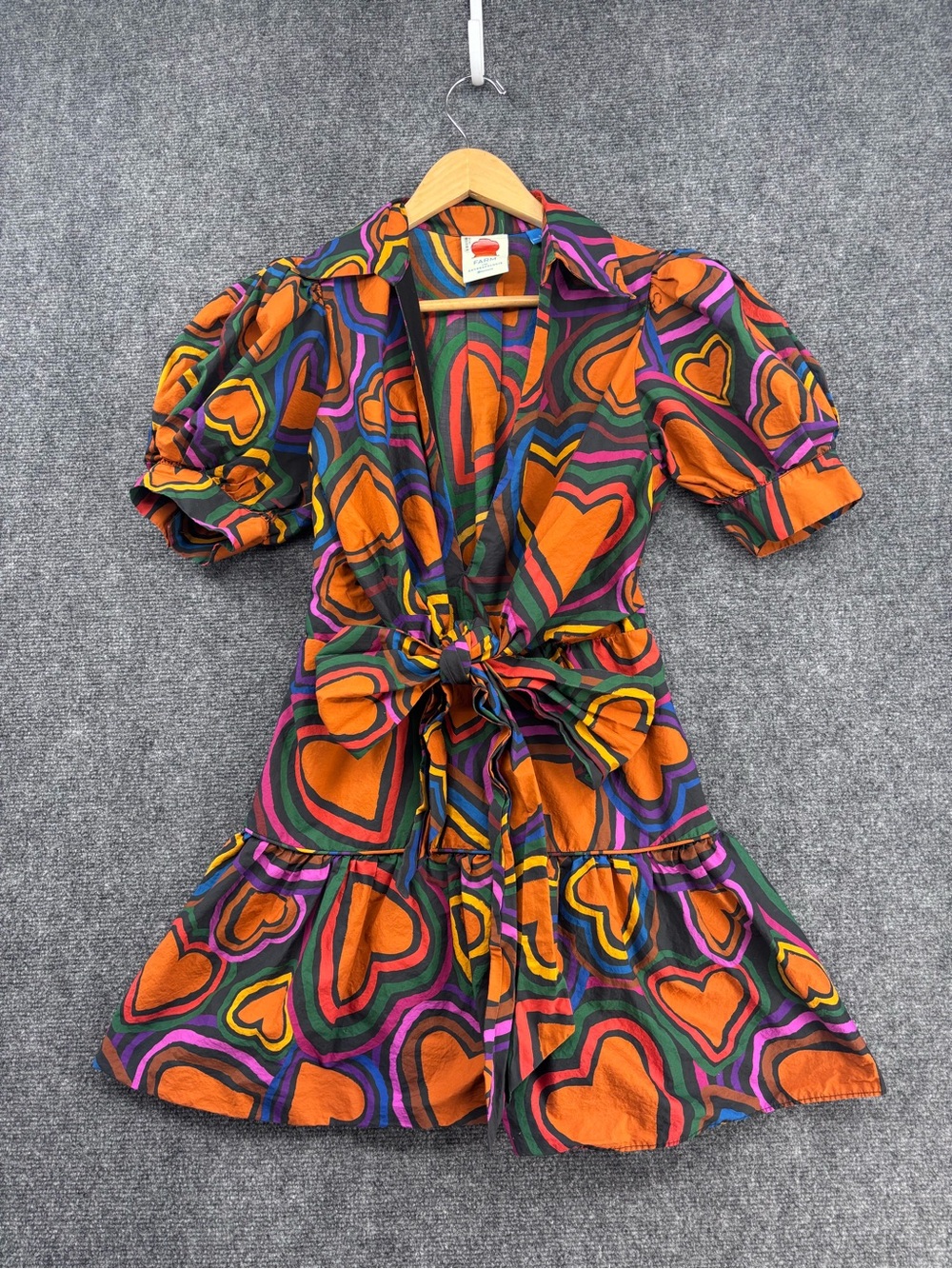 Farm Rio Maximalist Colorful Fall Short Sleeve Bow Front Mini Dress Women’s S